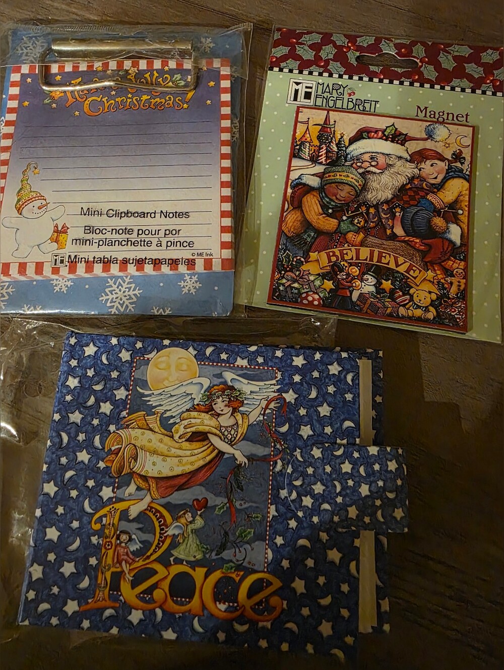 3 Piece Lot Mary Engelbreit 'Believe' Holiday Magnet-Mini Clip Board-Photo Book